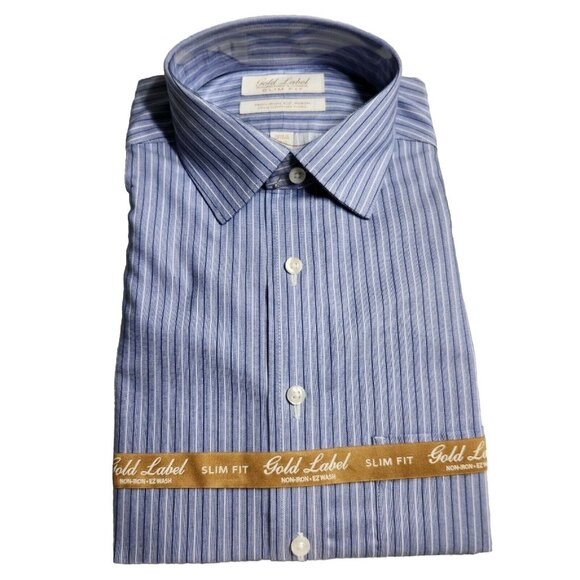 Gold Label Mens Slim Fit Non-Iron 100% Cotton Twill Striped Dress Shirt Size 15. - Picture 1 of 3